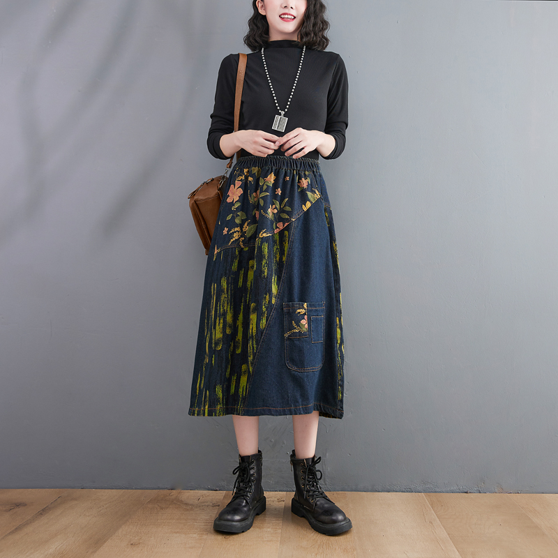 plus Size Elastic Waist Denim  - Denim Skirt Midi Vintage ulasan dan harga