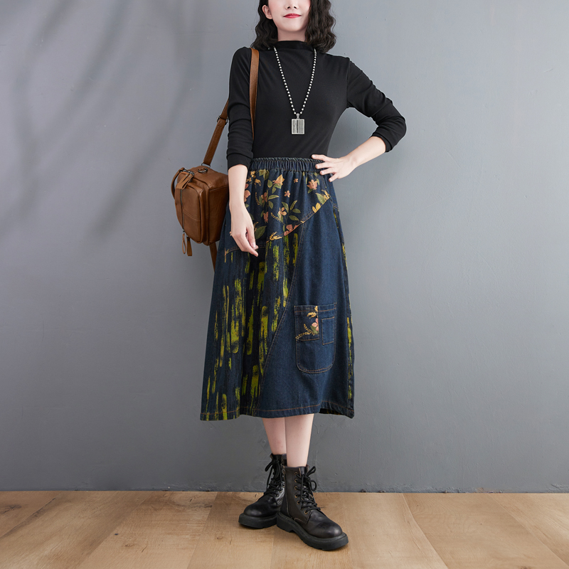 plus Size Elastic Waist Denim  - Denim Skirt Midi Vintage ulasan dan harga