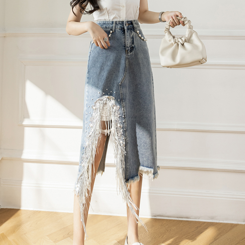 Vintage S-5XL Split Pearl Bead - Denim Skirt Midi Vintage ulasan dan harga