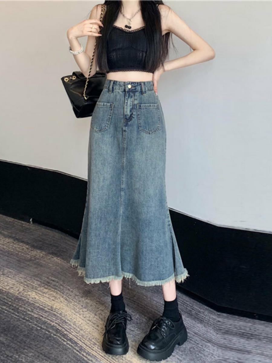 High Waist A-Line Midi Skirt W - Denim Skirt Midi Vintage ulasan dan harga