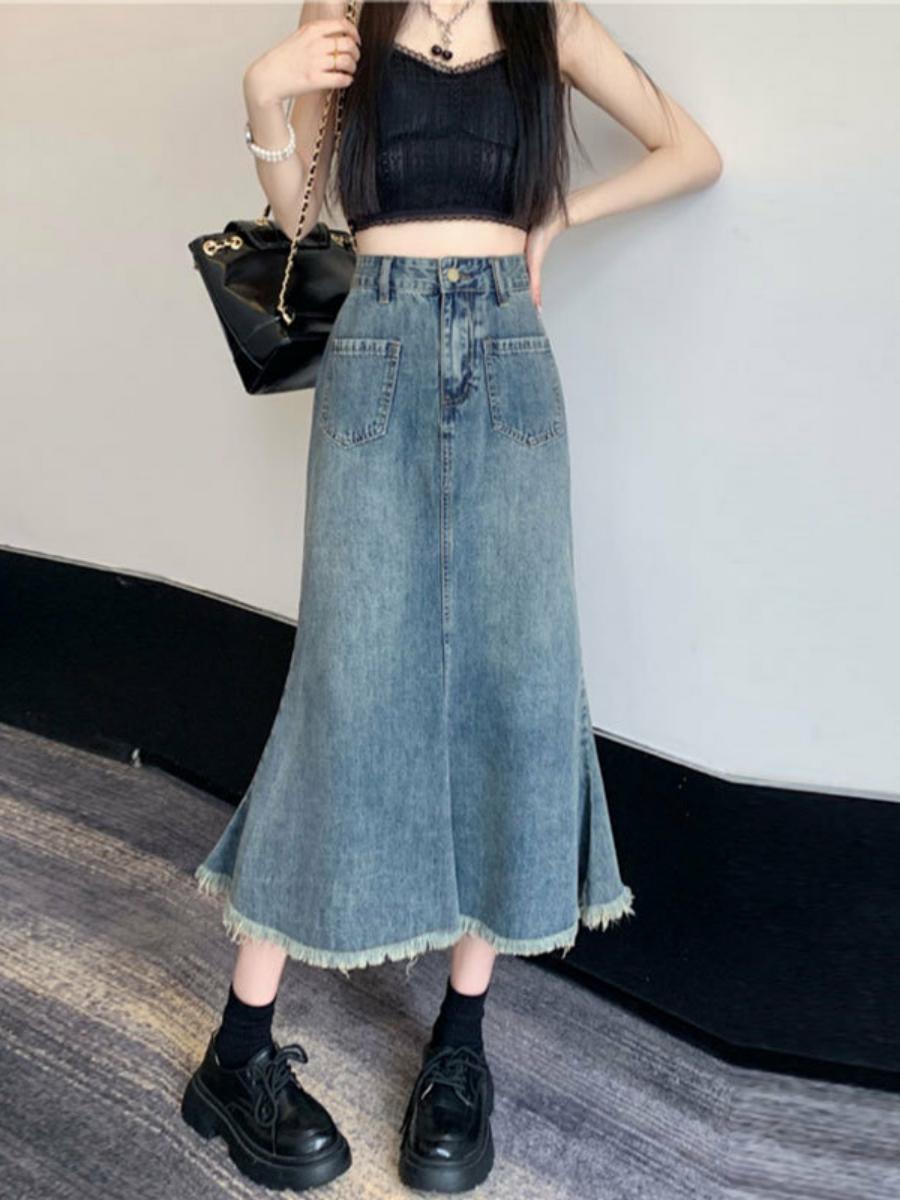 High Waist A-Line Midi Skirt W - Denim Skirt Midi Vintage ulasan dan harga