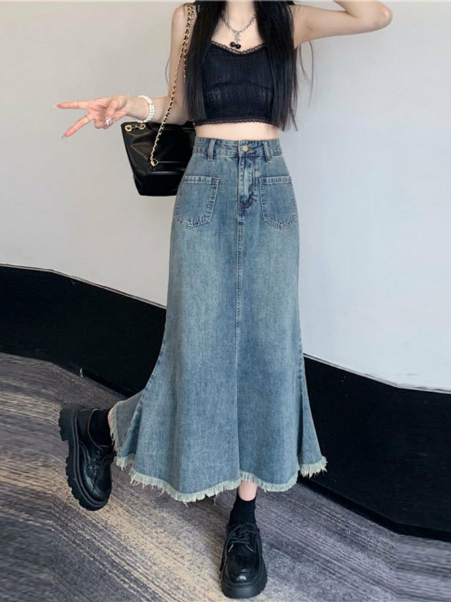 High Waist A-Line Midi Skirt W - Denim Skirt Midi Vintage ulasan dan harga