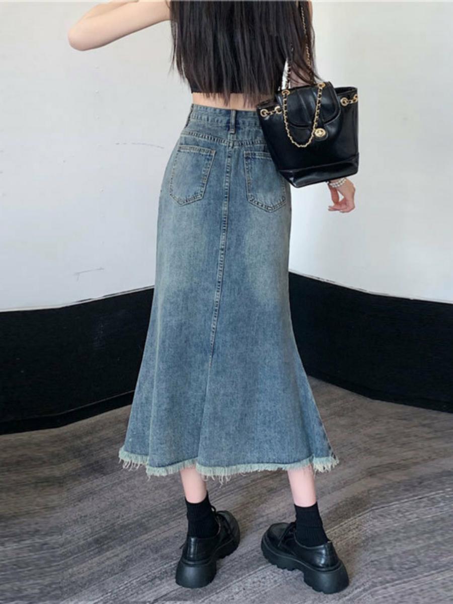 High Waist A-Line Midi Skirt W - Denim Skirt Midi Vintage ulasan dan harga