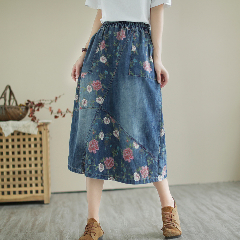 Japanese Vintage Mori Girl Flo - Denim Skirt Midi Vintage ulasan dan harga