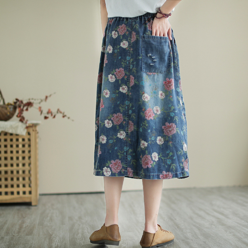 Japanese Vintage Mori Girl Flo - Denim Skirt Midi Vintage ulasan dan harga