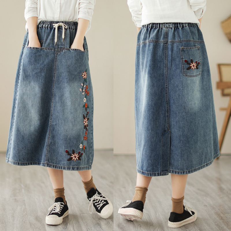 Japanese Vintage Mori Girl Flo - Denim Skirt Midi Vintage ulasan dan harga