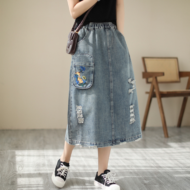 Japanese Vintage Mori Girl Flo - Denim Skirt Midi Vintage ulasan dan harga