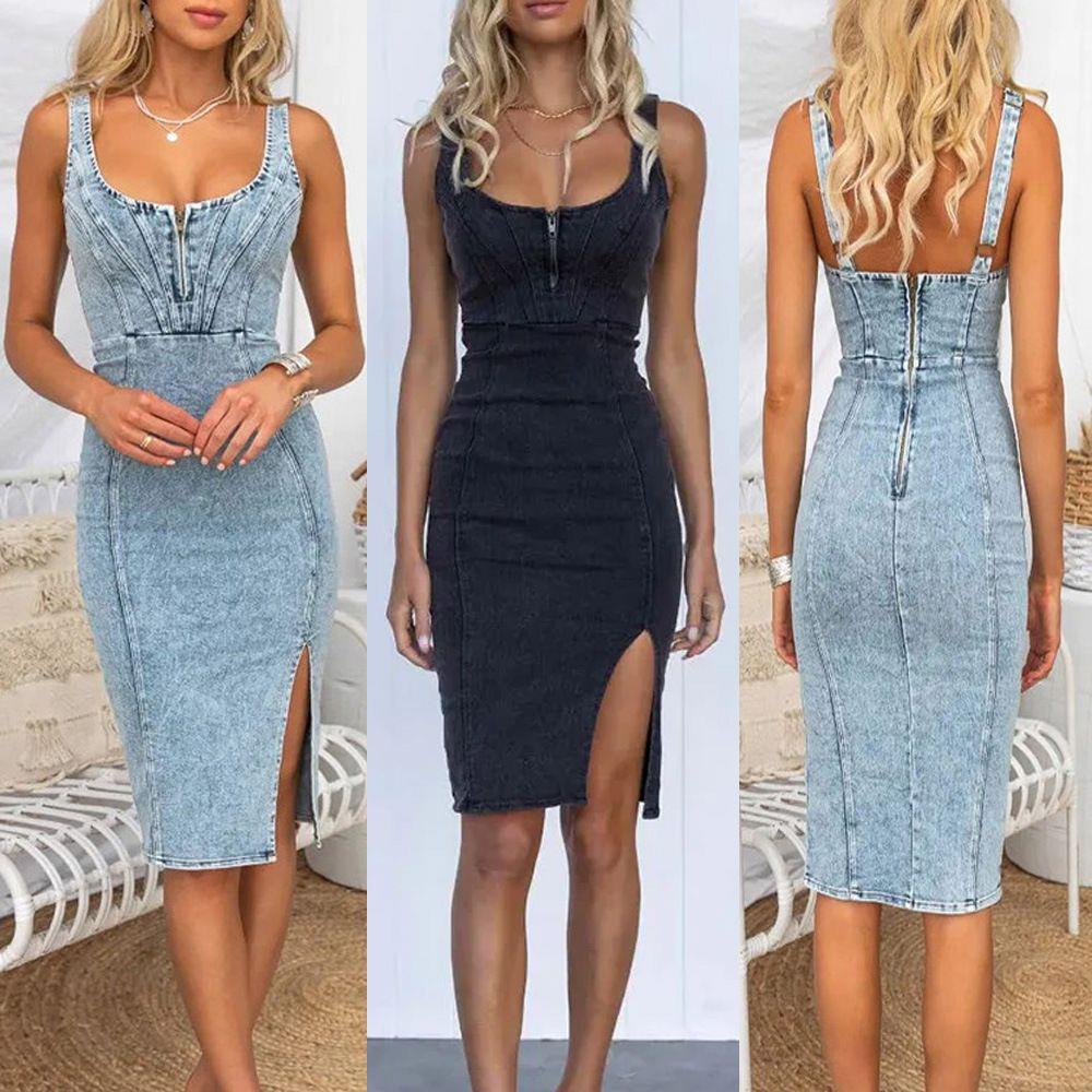 2023 Vintage U-Neck Strapless  - Denim Skirt Midi Vintage ulasan dan harga