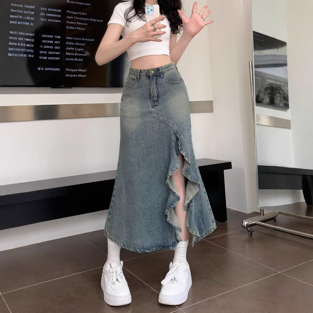 Korean High Waist Vintage Blue - Denim Skirt Midi Vintage ulasan dan harga