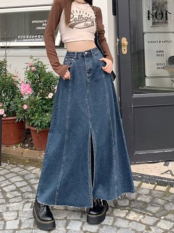 High Waist Slit Denim  Skirt W - Denim Skirt Midi Vintage ulasan dan harga